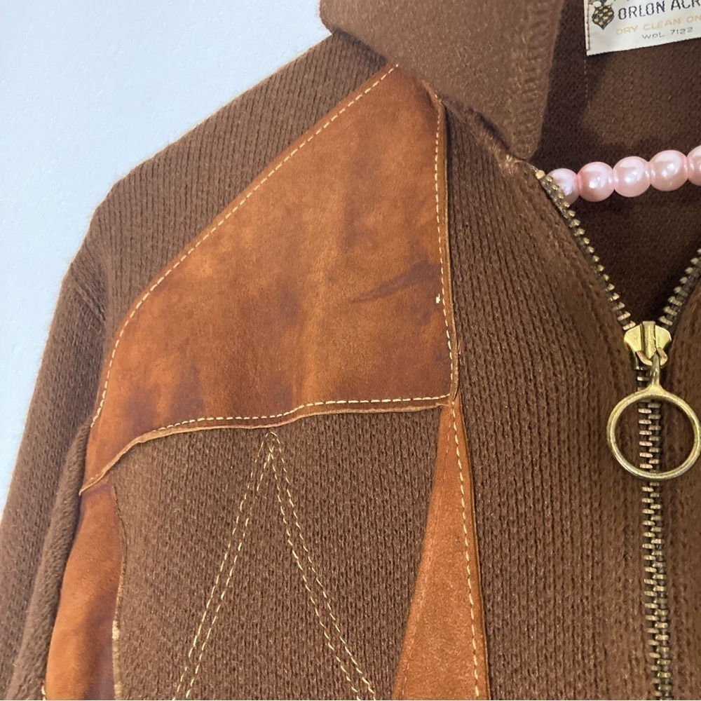 Vintage brown diamond virgin Orlon acrylic zip up cardigan size M - Picture 9 of 16